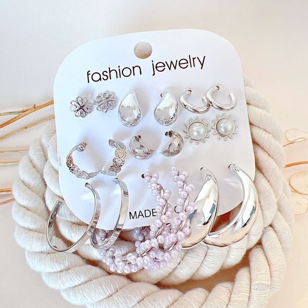 گوشواره پک 9 عددی  اشکی نقره ای