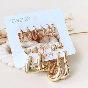 گوشواره پک 9 عددی قلبی طلایی