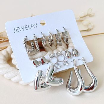 گوشواره پک 9 عددی قلبی نقره ای