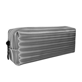 کیف آرایشی چرم نقره‌ای طرح جامدادی