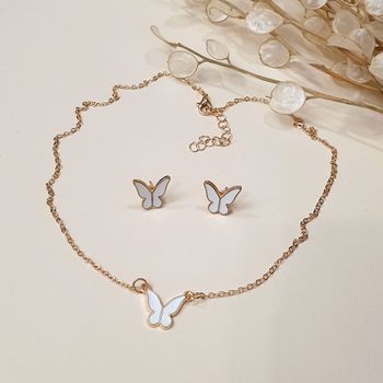 ست گردنبند و گوشواره پروانه سفید طلایی